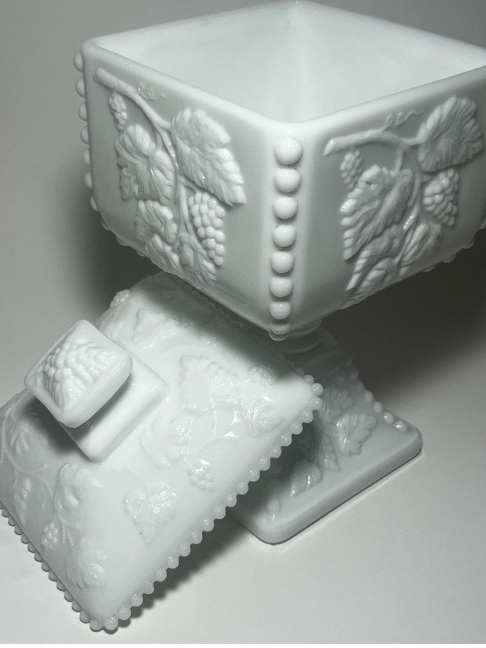 White Milk Glass Compote with Grape Relief - Home Accents